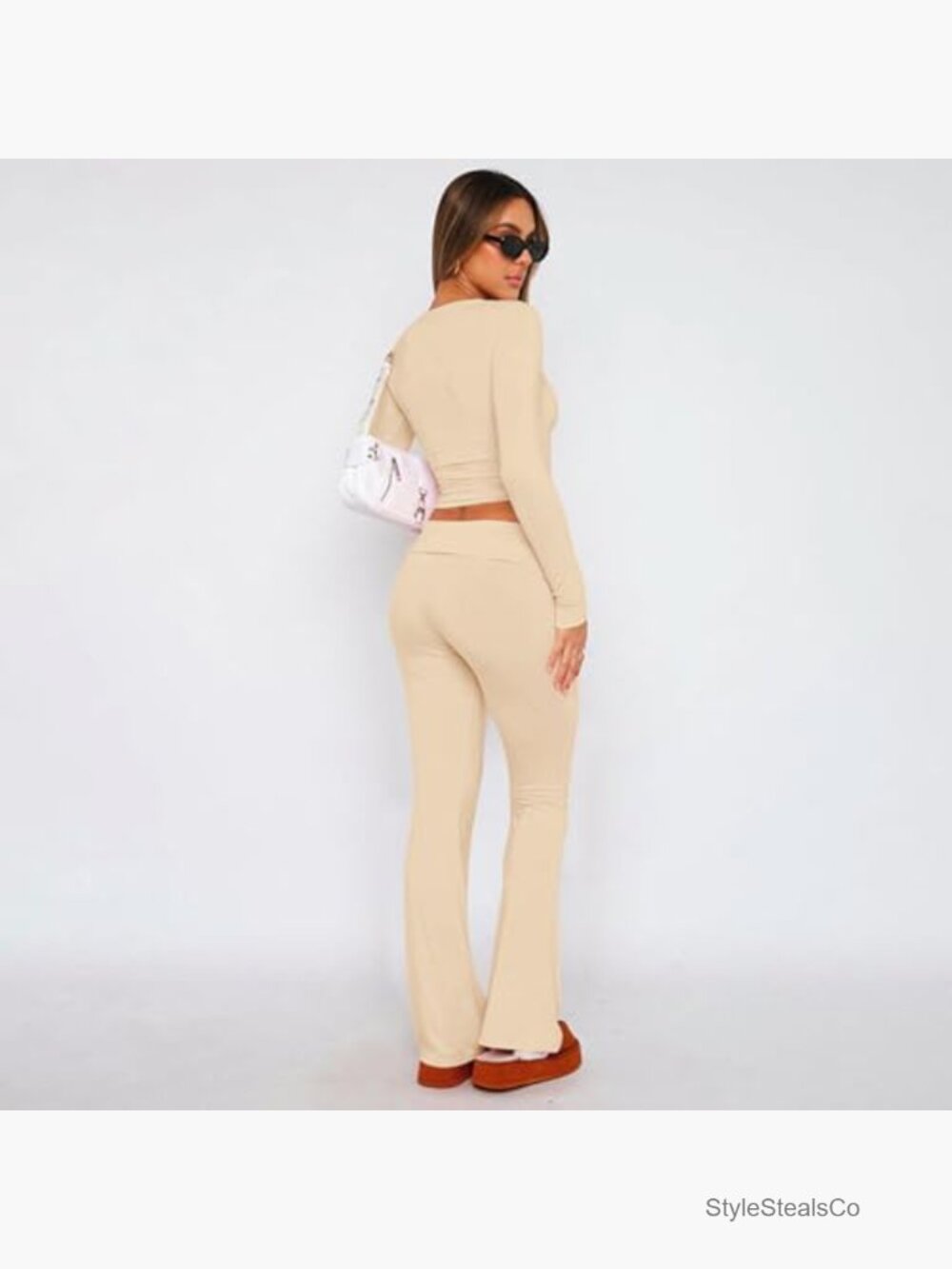 2 Piece Lounge Outfits Slim Long Sleeve Top High Waist Foldover Flare Leggings - Picture 4 of 7